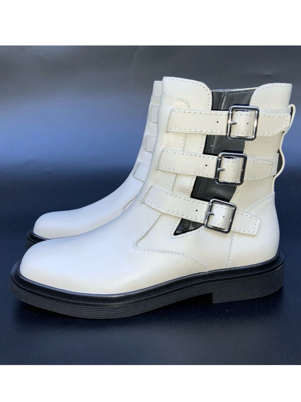 New Franco Sarto Argo Combat Boots Women’s 8 White Leather Moto Buckle